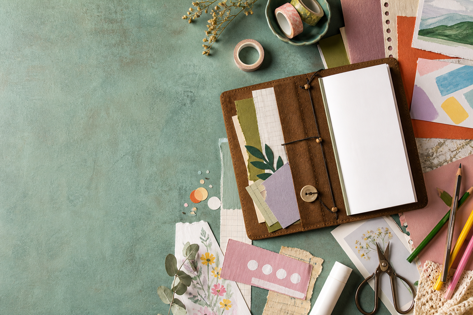 A creative desk with a refillable journal, handmade papers, pencils, tape and scissors