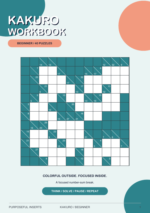Kakuro beginner Purposeful Insert cover