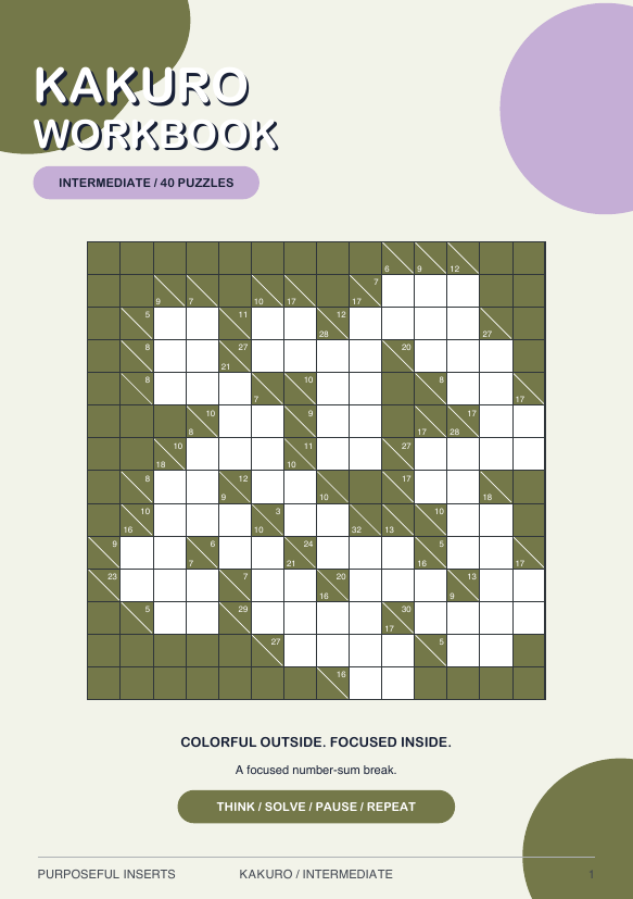 Intermediate Kakuro puzzle workbook cover